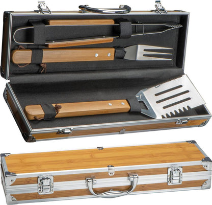3-tlg. Grillbesteck-Set 8363313, Grillzange, Gabel & Wender im Metallkoffer in Bambusoptik, beige, BBQ Zubehör