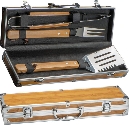 3-tlg. Grillbesteck-Set 8363313, Grillzange, Gabel & Wender im Metallkoffer in Bambusoptik, beige, BBQ Zubehör