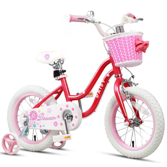 Glerc Daisy 14 Zoll Kinderfahrrad rot, für Mädchen 2-6 Jahre, mit Stützrädern, Korb und Luftschlangen
