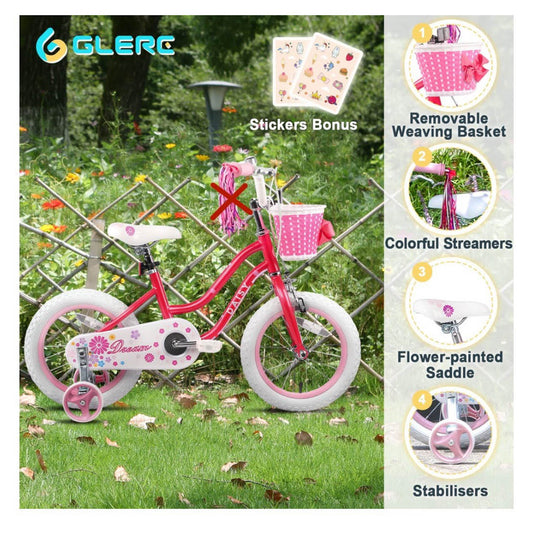 Glerc Daisy 14 Zoll Kinderfahrrad rot, für Mädchen 2-6 Jahre, mit Stützrädern, Korb und Luftschlangen