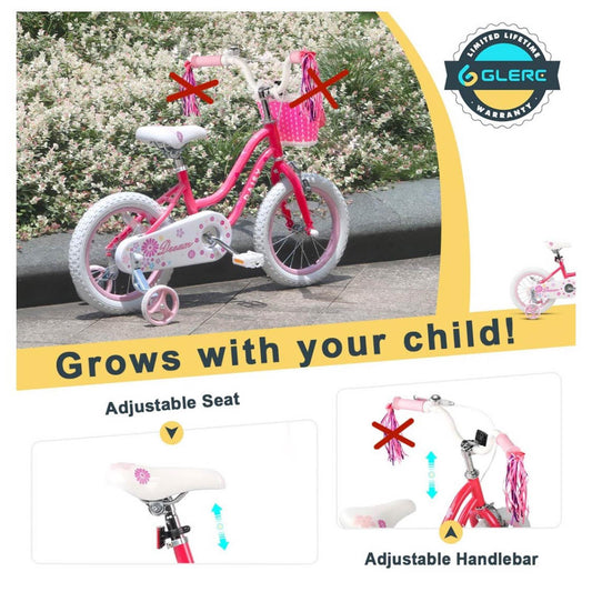 Glerc Daisy 14 Zoll Kinderfahrrad rot, für Mädchen 2-6 Jahre, mit Stützrädern, Korb und Luftschlangen