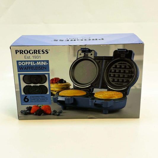 PROGRESS Est. Doppel-Mini-Waffeleisen, Waffeleisen, 6 abnehmbare Antihaftplatten, kompakt, 1100W, leicht zu reinigen, blau.