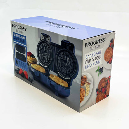 PROGRESS Est. Doppel-Mini-Waffeleisen, Waffeleisen, 6 abnehmbare Antihaftplatten, kompakt, 1100W, leicht zu reinigen, blau.