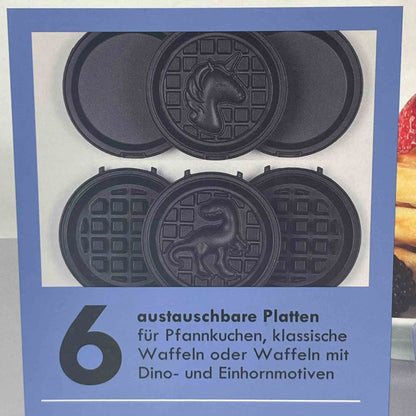 PROGRESS Est. Doppel-Mini-Waffeleisen, Waffeleisen, 6 abnehmbare Antihaftplatten, kompakt, 1100W, leicht zu reinigen, blau.
