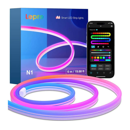 Lepro AI Neon LED Strip N1, 6m, LED Streifen, App-Steuerung, DIY Formen, Musik-Sync, Alexa & Google Assistant, ideal für Wohnzimmer & Partys.