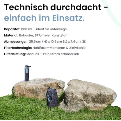 SLEMD® Outdoor Wasserfilter Trinkflasche 800ml; Wasseraufbereitung; filtert Bakterien, Viren, Partikel, Schwermetalle.