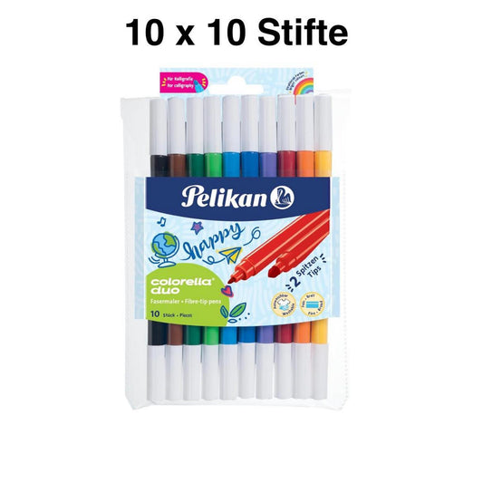 Pelikan, Colorella Duo, Fasermaler, 10 Farben Etui, 100 Stifte insgesamt, ideal für kreative Projekte.