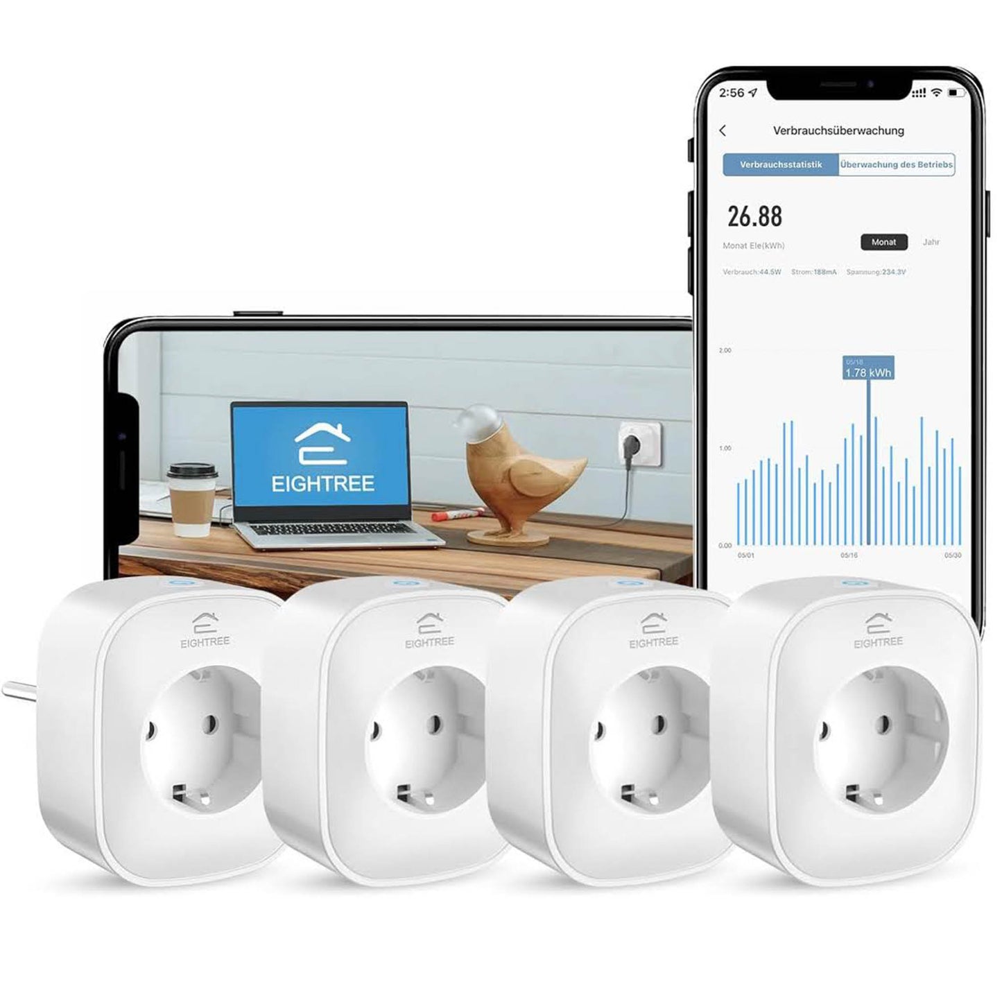 EIGHTREE WLAN Smart Steckdose, 16A, Smart Home, Strommessung, Alexa & Google Home kompatibel, Zeitplan, Fernzugriff, 2,4-G-WLAN.