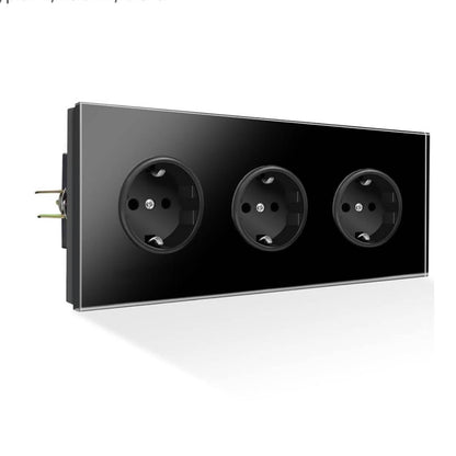 PANGTZEEN Schuko Steckdose, 3 Fach, Dreifach Wandsteckdose, Gehärtetes Glas, 16A, Schwarz, für Wohnzimmer, Schlafzimmer, Büro.