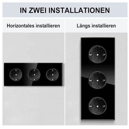 PANGTZEEN Schuko Steckdose, 3 Fach, Dreifach Wandsteckdose, Gehärtetes Glas, 16A, Schwarz, für Wohnzimmer, Schlafzimmer, Büro.