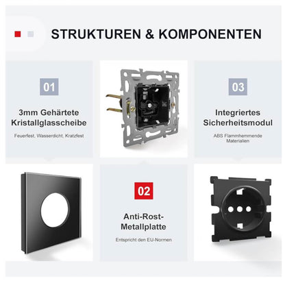 PANGTZEEN Schuko Steckdose, 3 Fach, Dreifach Wandsteckdose, Gehärtetes Glas, 16A, Schwarz, für Wohnzimmer, Schlafzimmer, Büro.