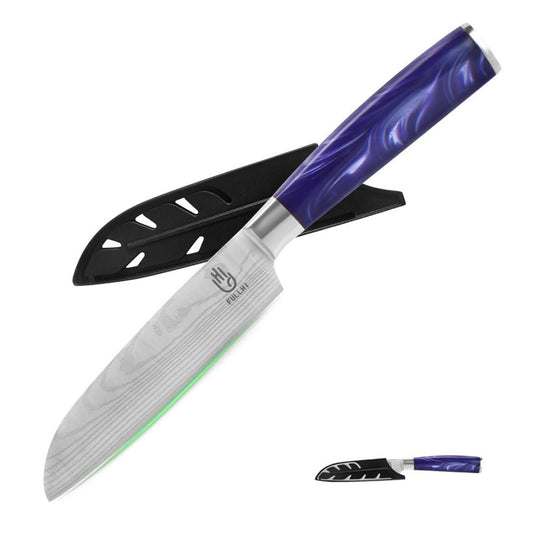 Fullhi Santoku Messer, 5-Zoll, Küchenmesser, mehrfarbig, Edelstahl, mit lila Harzgriff und Schutzabdeckung.