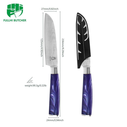 Fullhi Santoku Messer, 5-Zoll, Küchenmesser, mehrfarbig, Edelstahl, mit lila Harzgriff und Schutzabdeckung.