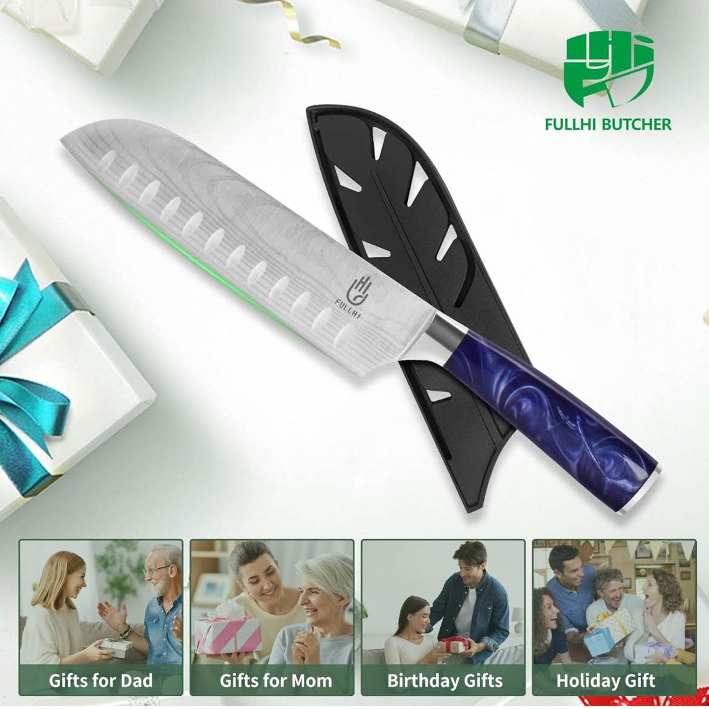 Fullhi Santoku-Messer, 7 Zoll, japanisches Küchenmesser, Edelstahl, ideal für Sushi, mit lila Harz-Gehäuse.