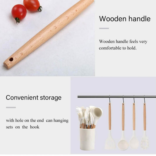 Küchenhelfer-Set, 12-teilig, Silikon, hitzebeständig, antihaftbeschichtet, Holzgriff, Schwarz, ideal für jede Küche.