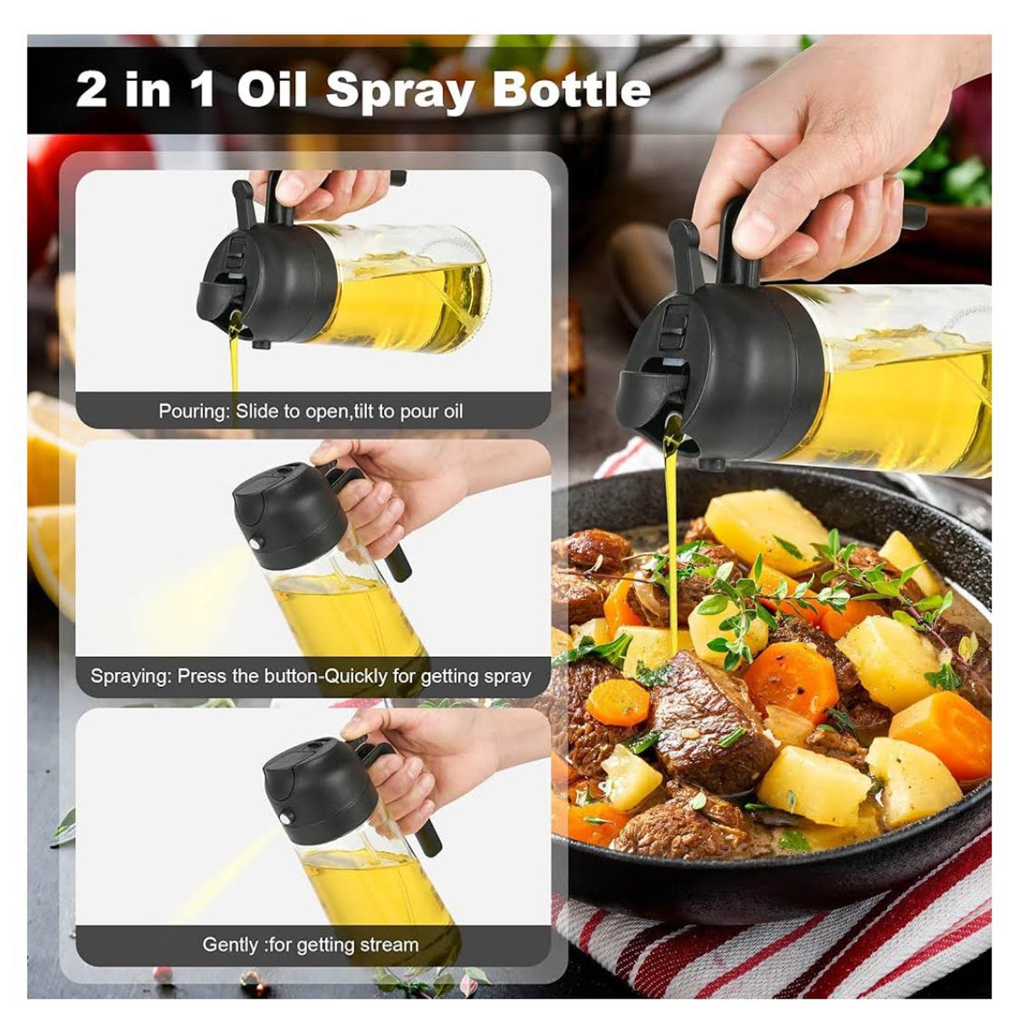 EnthuLove Ölsprüher 470ml, Ölsprühflasche, für Olivenöl & Heißluftfritteuse, 2-in-1 Set, schwarz, ideal für präzises Sprühen.