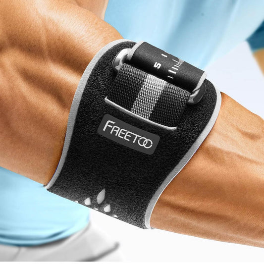 FREETOO Ellenbogenbandage, Tennisarm, für Herren/Damen, ideal bei Epicondylitis, Schwarz/Grau, optimal für Kraftsport.