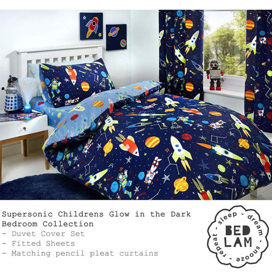 Bedlam Supersonic Bettbezug-Set 135x200cm, leuchtet im Dunkeln, 52% Polyester, 48% Baumwolle, blau, Duvet Cover Set: Single