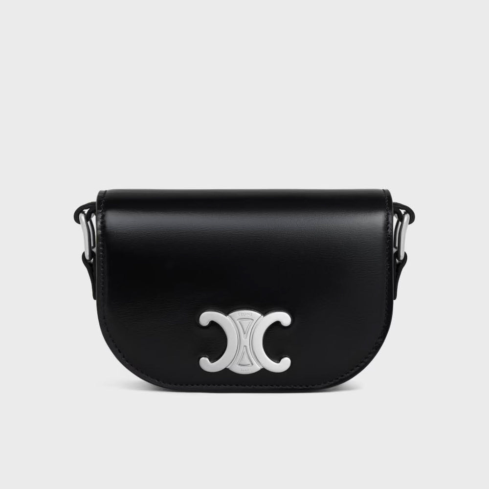 Celine Mini-Umhängetasche Triomphe, Kalbsleder, Schwarz, 12x9x4cm, elegantes Design, kompakt, glänzende Optik