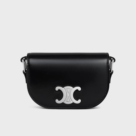 Celine Mini-Umhängetasche Triomphe, Kalbsleder, Schwarz, 12x9x4cm, elegantes Design, kompakt, glänzende Optik