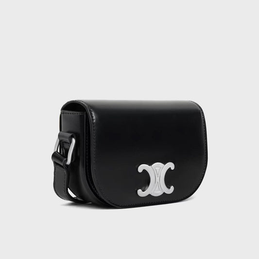 Celine Mini-Umhängetasche Triomphe, Kalbsleder, Schwarz, 12x9x4cm, elegantes Design, kompakt, glänzende Optik