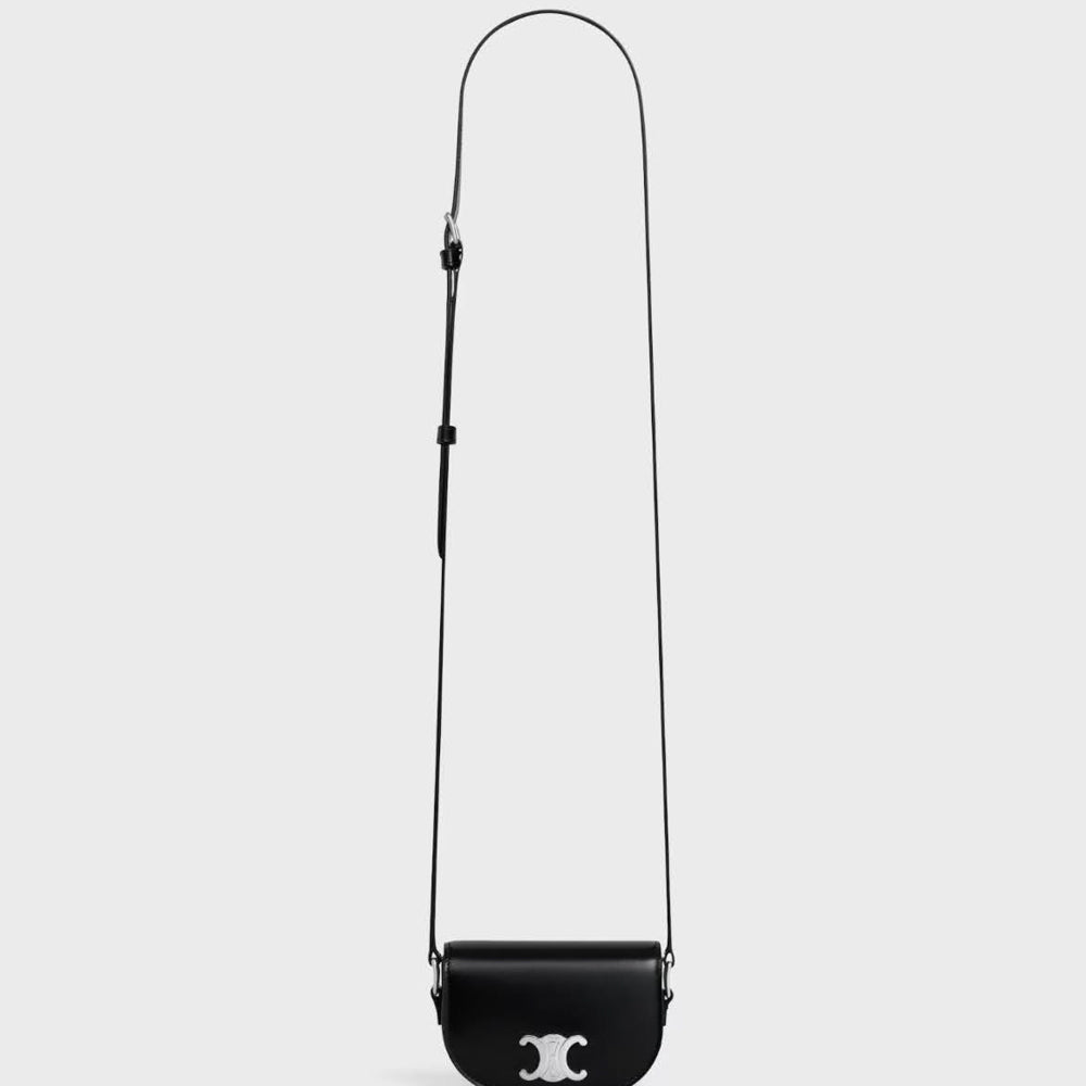 Celine Mini-Umhängetasche Triomphe, Kalbsleder, Schwarz, 12x9x4cm, elegantes Design, kompakt, glänzende Optik
