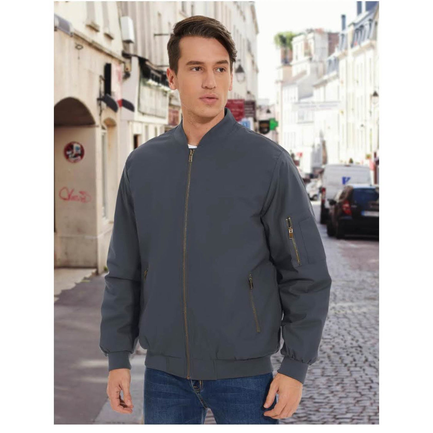 MAGCOMSEN Herren Bomberjacke, XXL, Winterjacke, warm gefüttert, winddicht, 4 Taschen, grau, ideal für Freizeit und Übergang.
