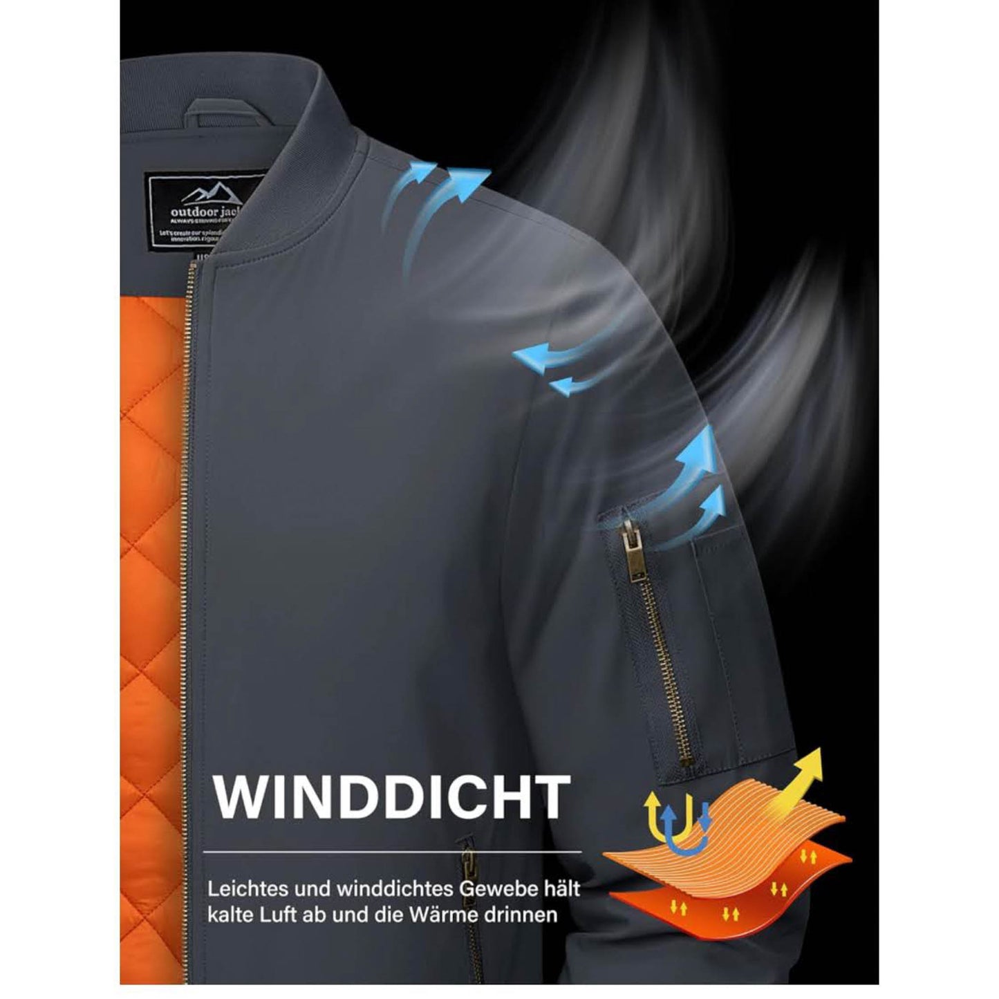 MAGCOMSEN Herren Bomberjacke, XXL, Winterjacke, warm gefüttert, winddicht, 4 Taschen, grau, ideal für Freizeit und Übergang.