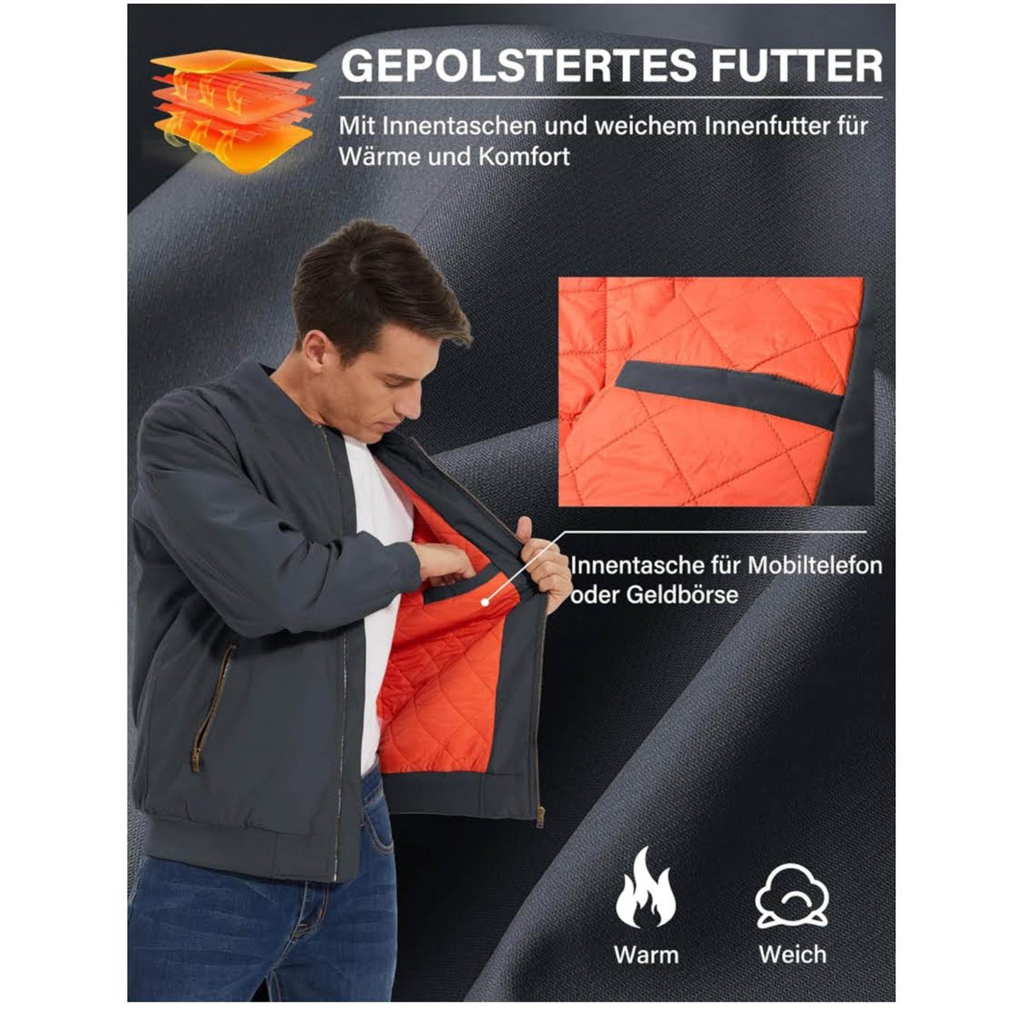 MAGCOMSEN Herren Bomberjacke, XXL, Winterjacke, warm gefüttert, winddicht, 4 Taschen, grau, ideal für Freizeit und Übergang.