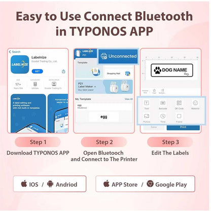 TYPONOS P21 Bluetooth Etikettendrucker, tragbar, Thermodruck, kabellos, Smartphone-kompatibel