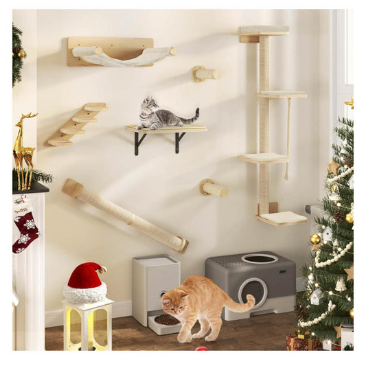 YITAHOME Katzen-Wandmöbel, 7 Teile, Holz, Kletterbaum mit 3 Kratzbäumen, 4 Stufen, Hängematte, Katzentreppe, Wandmontage.