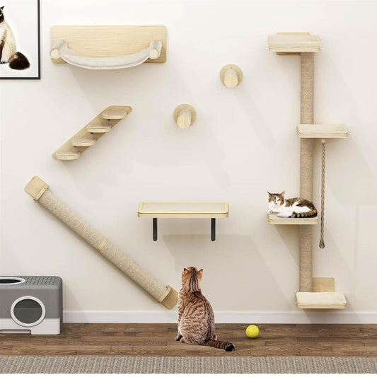 YITAHOME Katzen-Wandmöbel, 7 Teile, Holz, Kletterbaum mit 3 Kratzbäumen, 4 Stufen, Hängematte, Katzentreppe, Wandmontage.