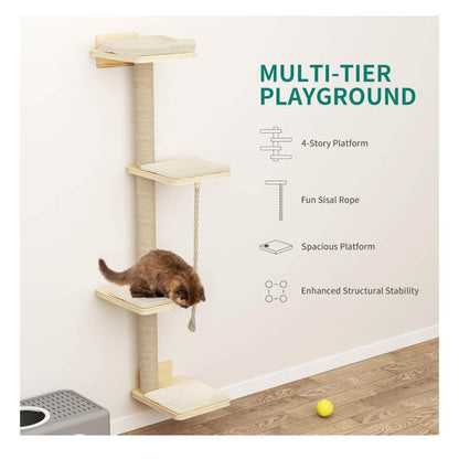 YITAHOME Katzen-Wandmöbel, 7 Teile, Holz, Kletterbaum mit 3 Kratzbäumen, 4 Stufen, Hängematte, Katzentreppe, Wandmontage.