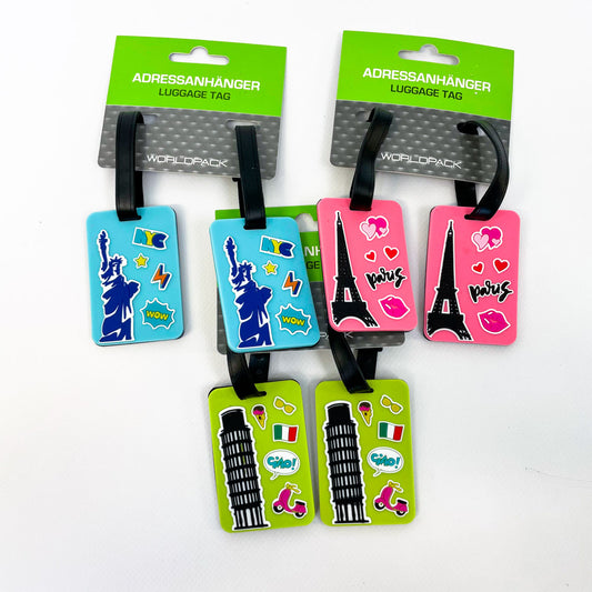 Worldpack Adressanhänger Set, 6 Stück, Modelle Pisa Grün, New York Blau, Paris Rosa, robust, ideal für Koffer & Taschen