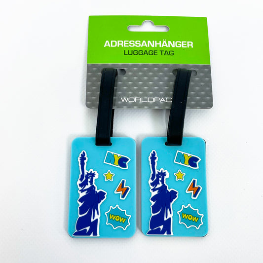 Worldpack Adressanhänger Set, 6 Stück, Modelle Pisa Grün, New York Blau, Paris Rosa, robust, ideal für Koffer & Taschen