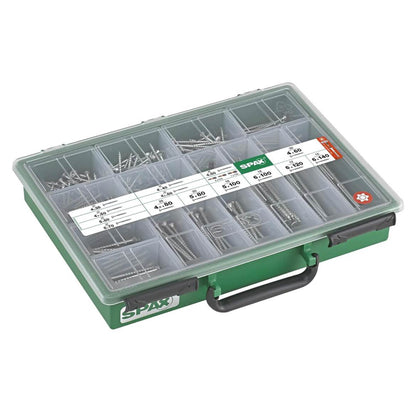 SPAX Sortimentskoffer groß, Schrauben-Set, 14 Abmessungen, 384 Schrauben + 3 Bits, Senkkopf, T-STAR plus, WIROX