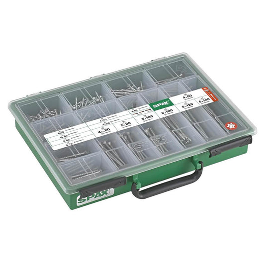 SPAX Sortimentskoffer groß, Schrauben-Set, 14 Abmessungen, 384 Schrauben + 3 Bits, Senkkopf, T-STAR plus, WIROX