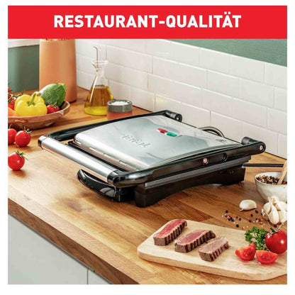 Tefal Kontaktgrill Inicio GC241D, Elektrogrill, fettarmes Grillen, Antihaftplatten, 2000W, Edelstahl/Schwarz, 36.3x10.8x33.2cm.