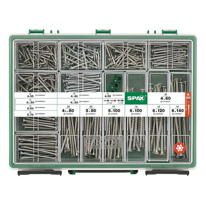 SPAX Sortimentskoffer groß, Schrauben-Set, 14 Abmessungen, 384 Schrauben + 3 Bits, Senkkopf, T-STAR plus, WIROX