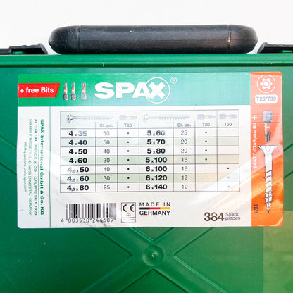 SPAX Sortimentskoffer groß, Schrauben-Set, 14 Abmessungen, 384 Schrauben + 3 Bits, Senkkopf, T-STAR plus, WIROX
