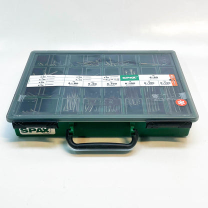 SPAX Sortimentskoffer groß, Schrauben-Set, 14 Abmessungen, 384 Schrauben + 3 Bits, Senkkopf, T-STAR plus, WIROX