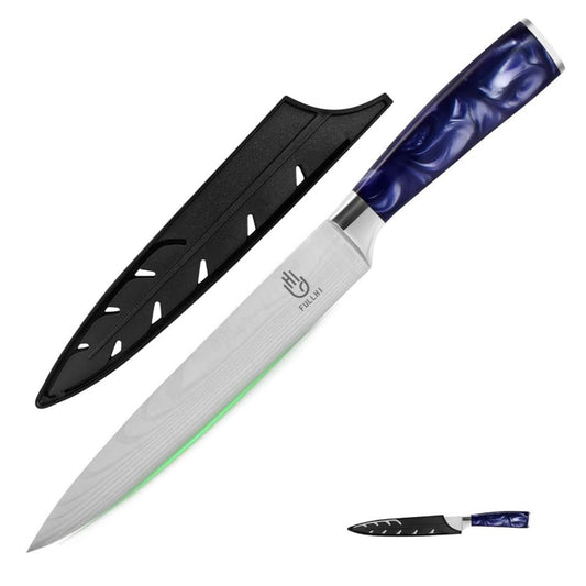 Fullhi 8-Zoll Küchenmesser, mehrfarbig, Edelstahl, lila Harzgriff, scharfe Klinge, inklusive Schutzgehäuse.