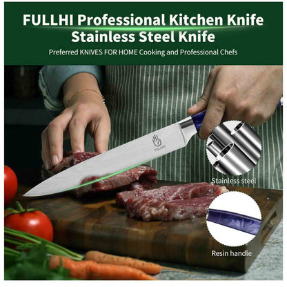 Fullhi 8-Zoll Küchenmesser, mehrfarbig, Edelstahl, lila Harzgriff, scharfe Klinge, inklusive Schutzgehäuse.