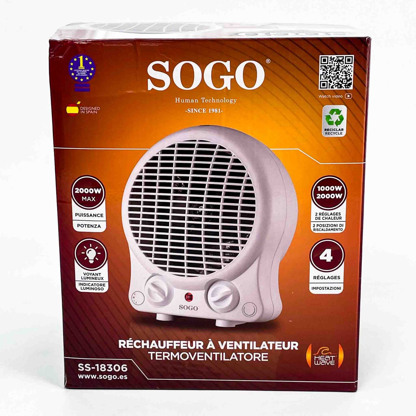 SOGO SS-18306 Heizlüfter, 2000W, kompakt, energiesparend, schnelle Wärme, rund, weiß