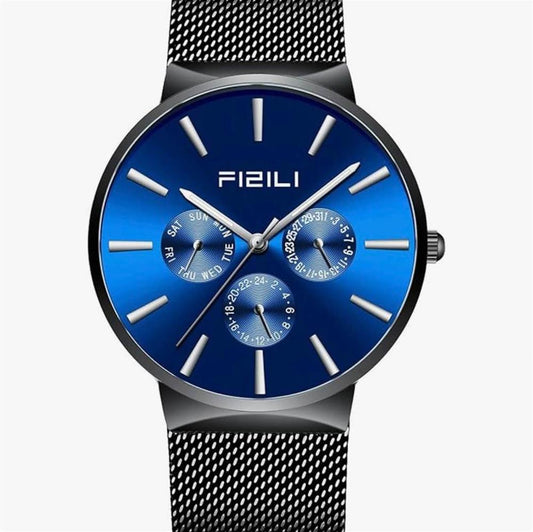 FIZILI Men's Watches Ultra Thin Black Minimalist Quartz Milanese Mesh Stainless Steel