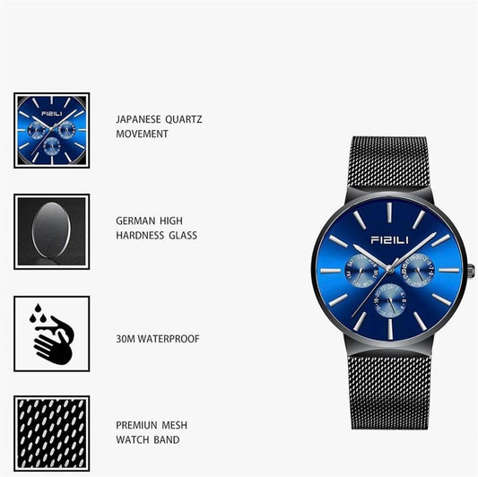FIZILI Men's Watches Ultra Thin Black Minimalist Quartz Milanese Mesh Stainless Steel