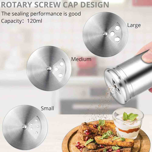 HOMGEN Spice Jars 6 Pieces 120 ml Stainless Steel 304 Rotating Screw Cap Easy to Clean Black Salt and Pepper Containers with Labels for Home and Kitchen