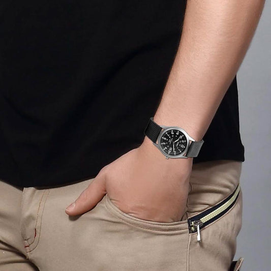 Jewelrywe Analog Watch JW-1234 with Calendar, Luminous Dial, Nylon Braided Fabric Canvas Strap, Alloy, Men/Women, Black