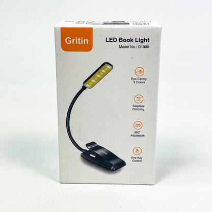 Gritin G1330 Leselampe, Buchklemme, 3 Farbmodi, stufenlos dimmbar, USB aufladbar, 360° flexibel, ideal für Bett & Reisen, schwarz