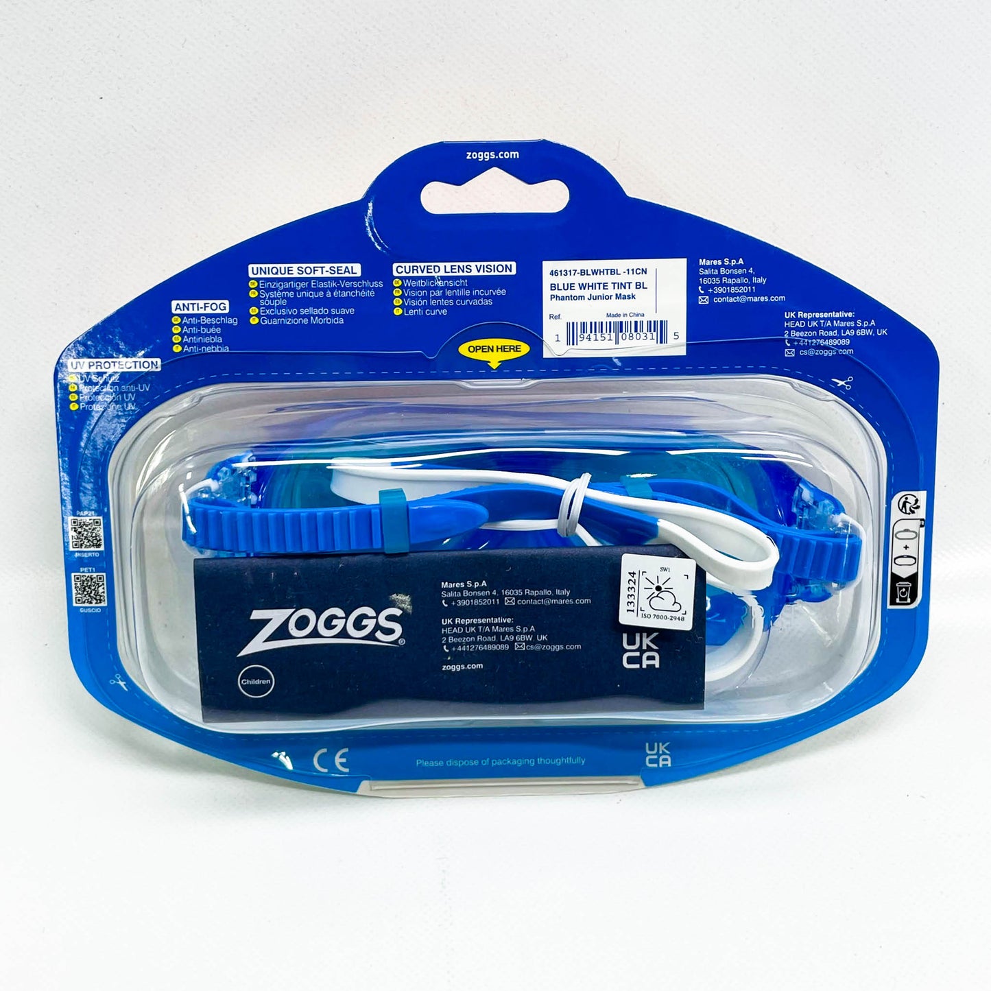 ZOGGS Phantom Kinder Schwimmbrille, Blau, UV-Schutz, Anti-Beschlag, verstellbare Nasenbrücke, bequemes Silikon.